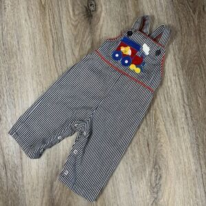 Vintage Health Tex Overalls Kids 12 Mo Train Blue Striped Golden Puppy 80s USA